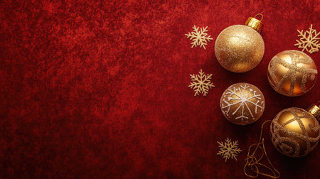 Golden Christmas baubles and snowflakes on a red velvet background. Copy space availableの素材