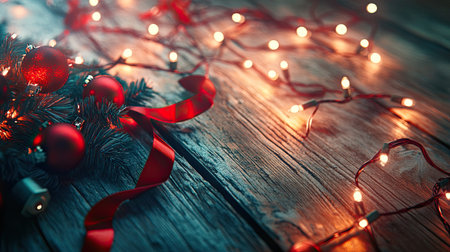 Christmas lights and ribbons scattered on a rustic wooden table with space for textの素材