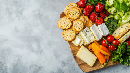 Top view of a wholesome snack board with cheese, crackers, and vegetables for kids, arranged neatly with copy spaceの素材