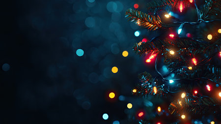 Sparkling Christmas lights on a dark background with copy space for holiday greetingsの素材