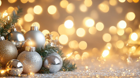Gold and silver ornaments with Christmas lights glowing in the background. Ample space for textの素材
