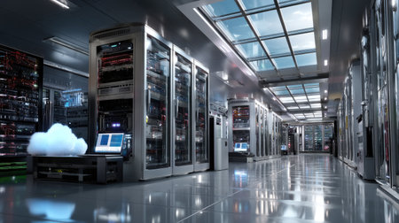 A spacious modern data center featuring rows of server racks, sophisticated networking equipment, and a conceptual cloud computing installation. The environment emphasizes high efficiency and advanced technology.の素材