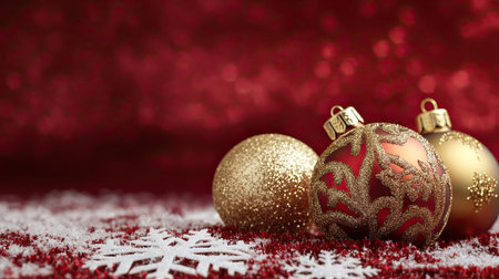 Golden Christmas baubles and snowflakes on a red velvet background. Copy space availableの素材