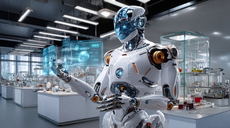 A sleek and advanced robot stands in a modern laboratory, showcasing holographic projections of data and technology in an innovative research environment.の素材