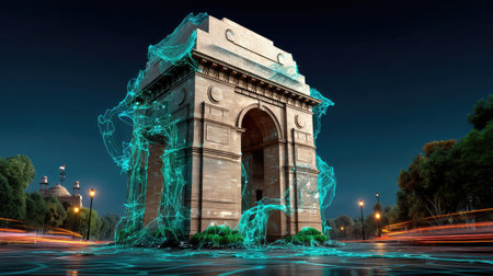 Captivating night scene featuring a historical arch enveloped in mesmerizing neon light trails, showcasing a blend of nature and technology in an urban setting.の素材