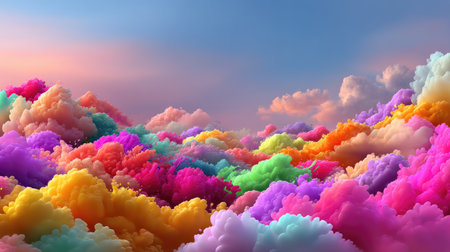 This stunning digital artwork features a vibrant landscape of colorful abstract clouds set against a serene sky, evoking a dreamy atmosphere and tranquility.の素材