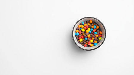 Dog food bowl with squeaky toys, top view on a plain white background, copy space availableの素材