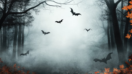 Halloween-themed background with a spooky forest, scattered autumn leaves, and bats. Blank area for text or brandingの素材