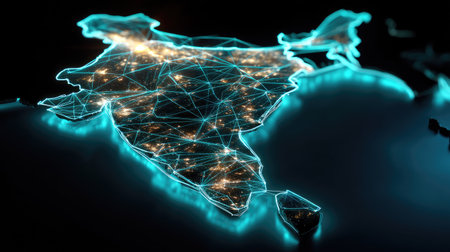 A stunning digital representation of India featuring bright connections and illuminated city lights depicts technology and innovation. Perfect for illustrating growth.の素材