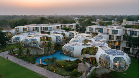 This stunning image showcases a modern eco-friendly residential complex featuring unique curved structures, lush gardens, and a serene pool area.の素材