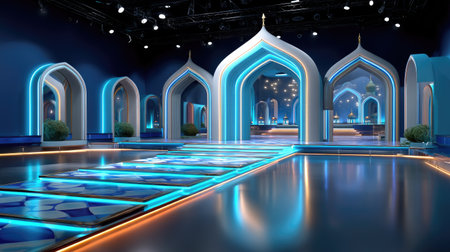 A captivating interior space featuring modern architectural elements and vibrant blue lighting, perfect for exhibitions, events, and creative showcases.の素材