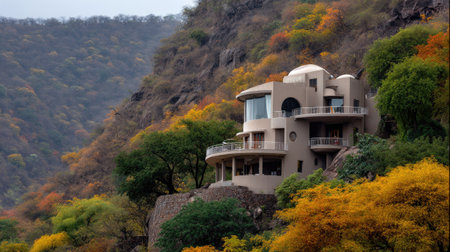 A stunning modern home perched on a steep hillside, surrounded by colorful autumn trees and a rugged terrain, offering breathtaking views of nature.の素材