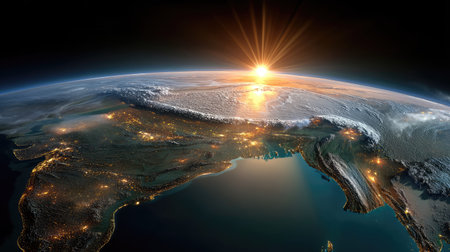 This stunning image showcases the Earth from space during sunrise, highlighting the vibrant colors and intricate atmospheric phenomena illuminating the landscape.の素材