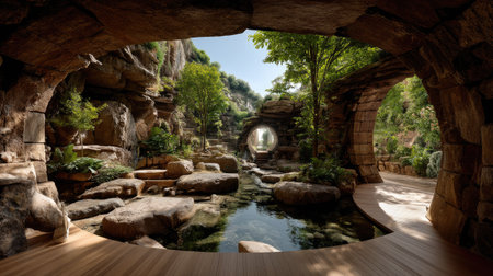 This stunning image captures a serene oasis featuring lush greenery and a reflective waterway surrounded by dramatic rock formations. Perfect for nature enthusiasts.の素材