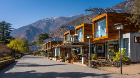 Captivating scene of modern eco-friendly cabins nestled in a picturesque mountainous region, featuring solar panels and vibrant greenery, perfect for travelers seeking sustainability.の素材