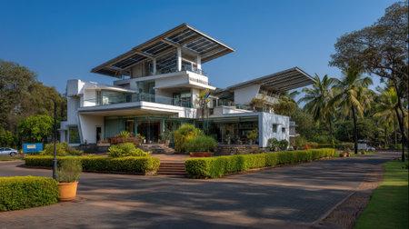 This stunning modern villa showcases innovative architecture, blending luxury with nature. The property features expansive glass details, lush gardens, and serene outdoor spaces.の素材