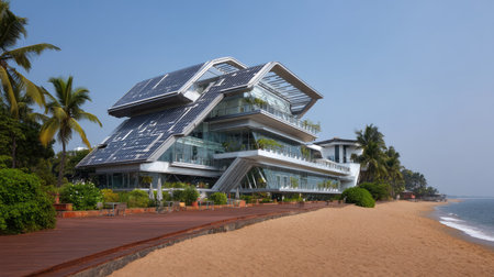 A stunning modern building featuring eco-friendly architecture and solar panels sits beside a sandy beach, surrounded by palm trees. This serene setting invites relaxation and showcases innovative design.の素材