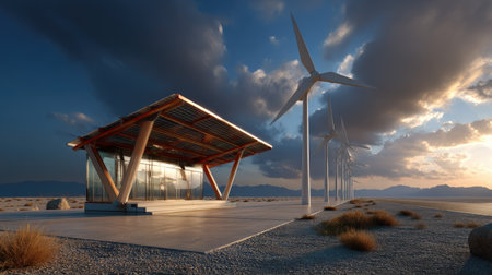 A sleek modern building stands in a desert landscape, featuring wind turbines that symbolize renewable energy and sustainable architecture against a dramatic sky.の素材