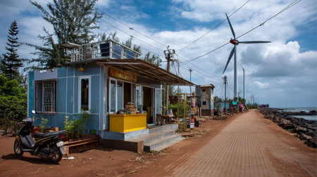 This vibrant coastal village scene showcases a colorful snack shop alongside modern wind turbines, set against a picturesque backdrop of the sea and sky.の素材