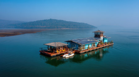 A stunning floating house peacefully rests on calm waters, surrounded by lush hills and reflecting the clear blue sky. Ideal for nature enthusiasts.の素材