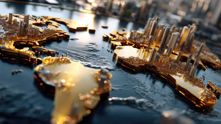 This stunning 3D illustration features a golden world map with detailed landmasses and skyscrapers, set against a shimmering ocean backdrop, capturing modern elegance.の素材
