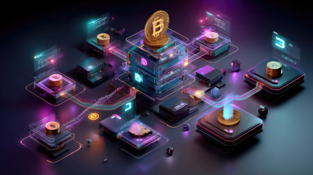 This vibrant and futuristic image showcases a complex cryptocurrency network, featuring digital coins and advanced technology elements. A striking representation of blockchain innovation.の素材