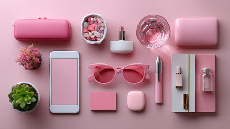 This flat lay showcases an array of stylish pink accessories and decorative items, perfect for fashion and lifestyle photography, embodying modern elegance.の素材
