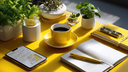 A bright and inviting workspace featuring a cup of coffee, smartphone displaying charts, and notebooks paired with green plants, creating a perfect atmosphere for productivity.の素材