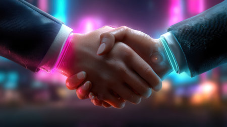 A captivating image of two hands engaging in a handshake, illuminated by neon light in a vibrant city at night, symbolizing partnership and future success.の素材