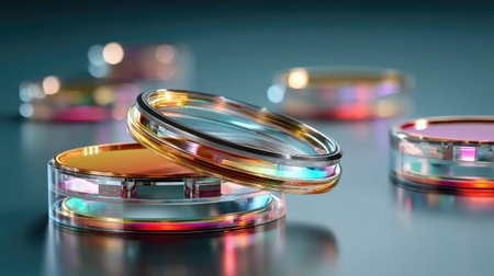Close-up view of colorful petri dishes arranged on a smooth surface, showcasing vibrant light reflections and modern laboratory aesthetics ideal for scientific themes.の素材