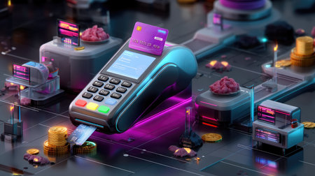 A sleek payment terminal sits in a futuristic environment surrounded by digital coins and screens, showcasing advanced technology and payment solutions for modern transactions.の素材