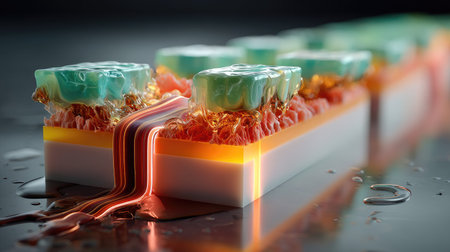 This captivating image showcases an abstract composition with vibrant colors and flowing liquid over a textured surface, highlighting intricate details and artistic flair.の素材