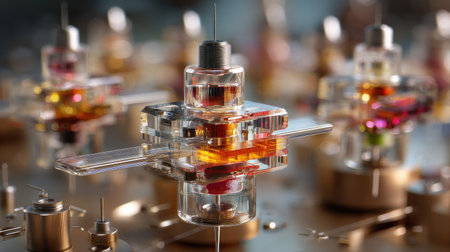 This captivating close-up image showcases a colorful transparent apparatus in a modern scientific setting, highlighting artistic design and creativity in experimentation.の素材