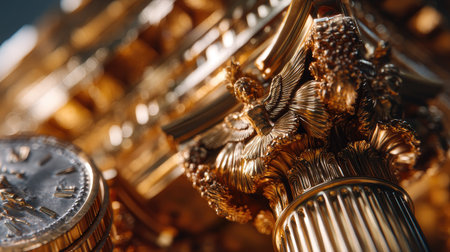 This close-up image features ornate golden columns with intricate designs, showcasing luxury and craftsmanship, complemented by an elegant clock face.の素材
