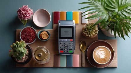 A visually appealing payment terminal set on a wooden table with a latte, coffee, and various plants, showcasing a modern lifestyle and stylish dの素材