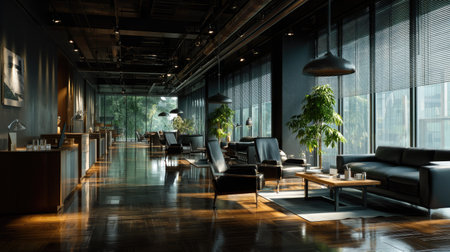 This image captures a modern office interior showcasing sleek furniture, abundant natural light, and a stylish atmosphere perfect for business and creativity.の素材