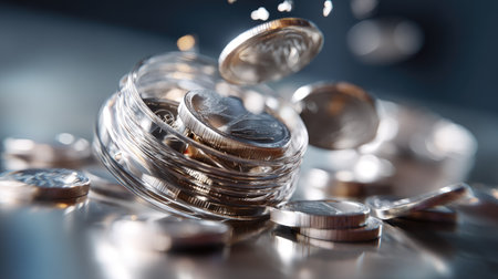 An engaging close-up image illustrating coins spilling out of a glass jar, creating a shimmering display against a blurred backdrop, symbolizing savings and investment.の素材