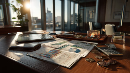 A well-organized business workspace featuring financial reports, a calculator, and office decor. The warm sunlight enhances productivity and professionalism.の素材