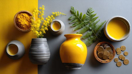 A vibrant composition featuring a yellow vase, pottery, fresh flowers, fern leaves, and coins, creating a stylish and warm home decor arrangement.の素材