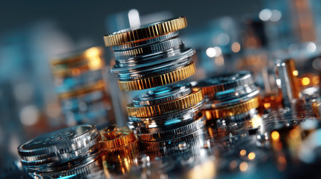 This image features a close-up view of shiny metallic coins stacked artistically in a contemporary digital environment, showcasing a blend of blue and gold colors.の素材