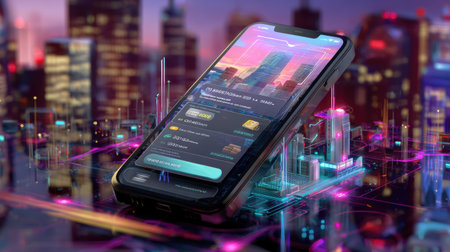A futuristic smartphone rests on a vivid cityscape with neon lights, showcasing a digital interface that emphasizes connectivity and modern design.の素材