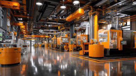 A vibrant modern industrial interior showcasing advanced machinery highlighted by bright orange accents, illustrating efficiency and innovation in manufacturing.の素材