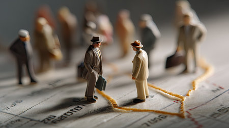 Two miniature businessmen engage in a discussion about strategies on a map, symbolizing growth and opportunity in a professional context.の素材