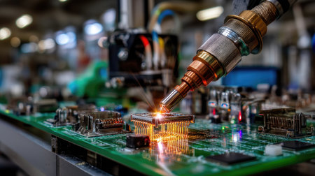 A close-up view of precision soldering on an electronic circuit board, featuring bright glowing solder and intricate components, showcasing craftsmanship in technology.の素材