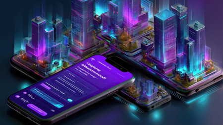 This vibrant image showcases a futuristic mobile application surrounded by a neon-lit smart cityscape. The design emphasizes modern technology and urban innovation.の素材