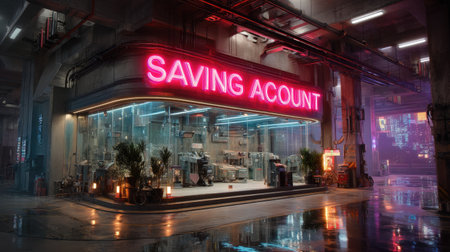 A vibrant neon sign for a saving account bank illuminates an urban street at night. Reflections on wet pavement enhance the modern architectural design, creating a captivating finance scene.の素材