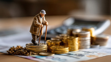 This image features a miniature elderly man with a cane standing on a stack of coins, symbolizing the importance of financial planning for retirement and savings.の素材