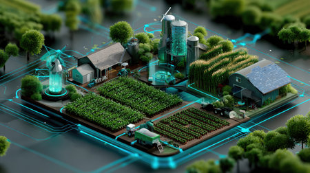 A vibrant depiction of a futuristic farm showcasing the integration of technology and sustainability in agricultural practices. This digital landscape features lush crops, advanced machines, and eco-friendly systems that promote efficiency and innovation in farming.の素材