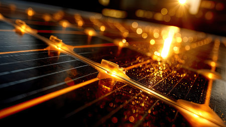 This stunning close-up captures a solar panel's glossy surface, showcasing sunlight reflections and water droplets, highlighting renewable energy technology.の素材