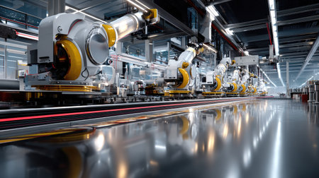 A view of robotic arms engaged in automated tasks on a production line within a modern industrial setting, showcasing advanced technology and efficiency.の素材